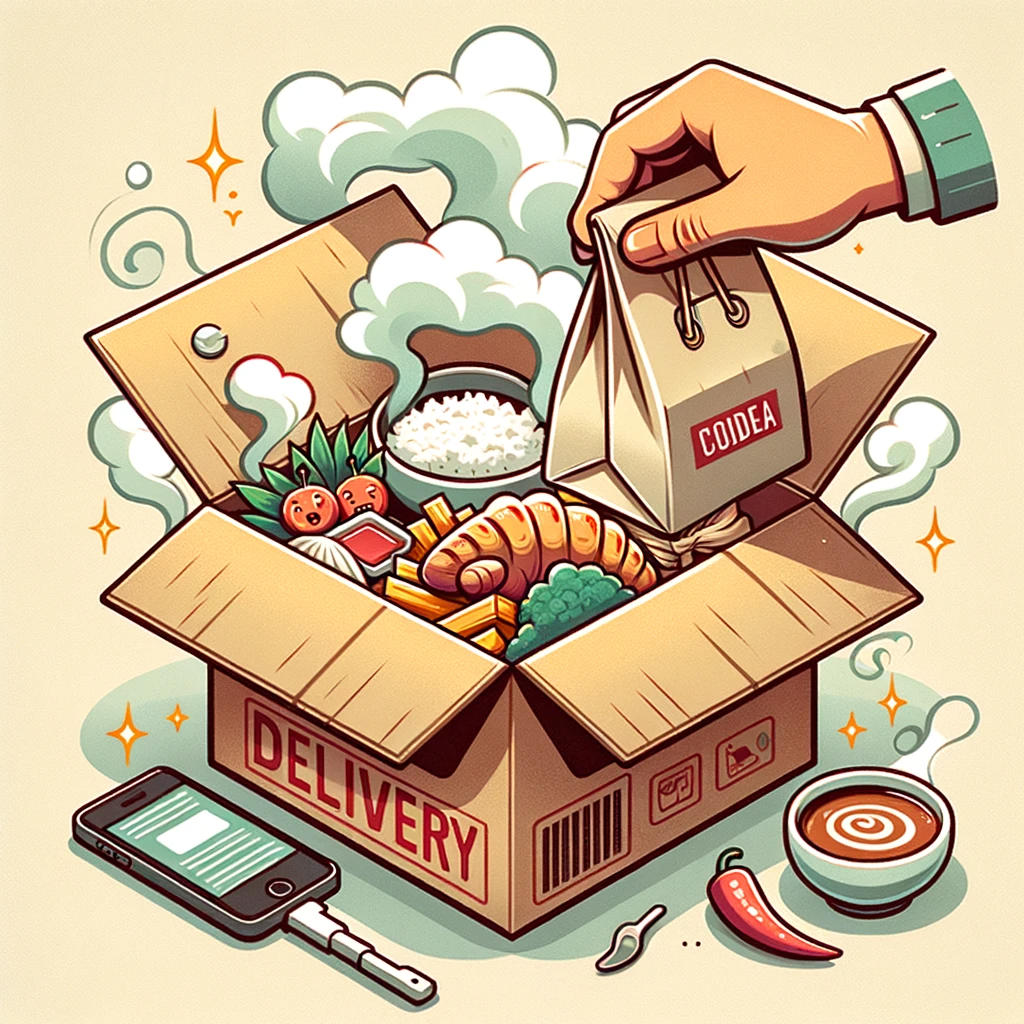 ilustração de uma caixa de papelão para delivery com alimentos dentro